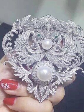 18K White Pearl gold plated CZ micro pave Double phoenix charm Brooch